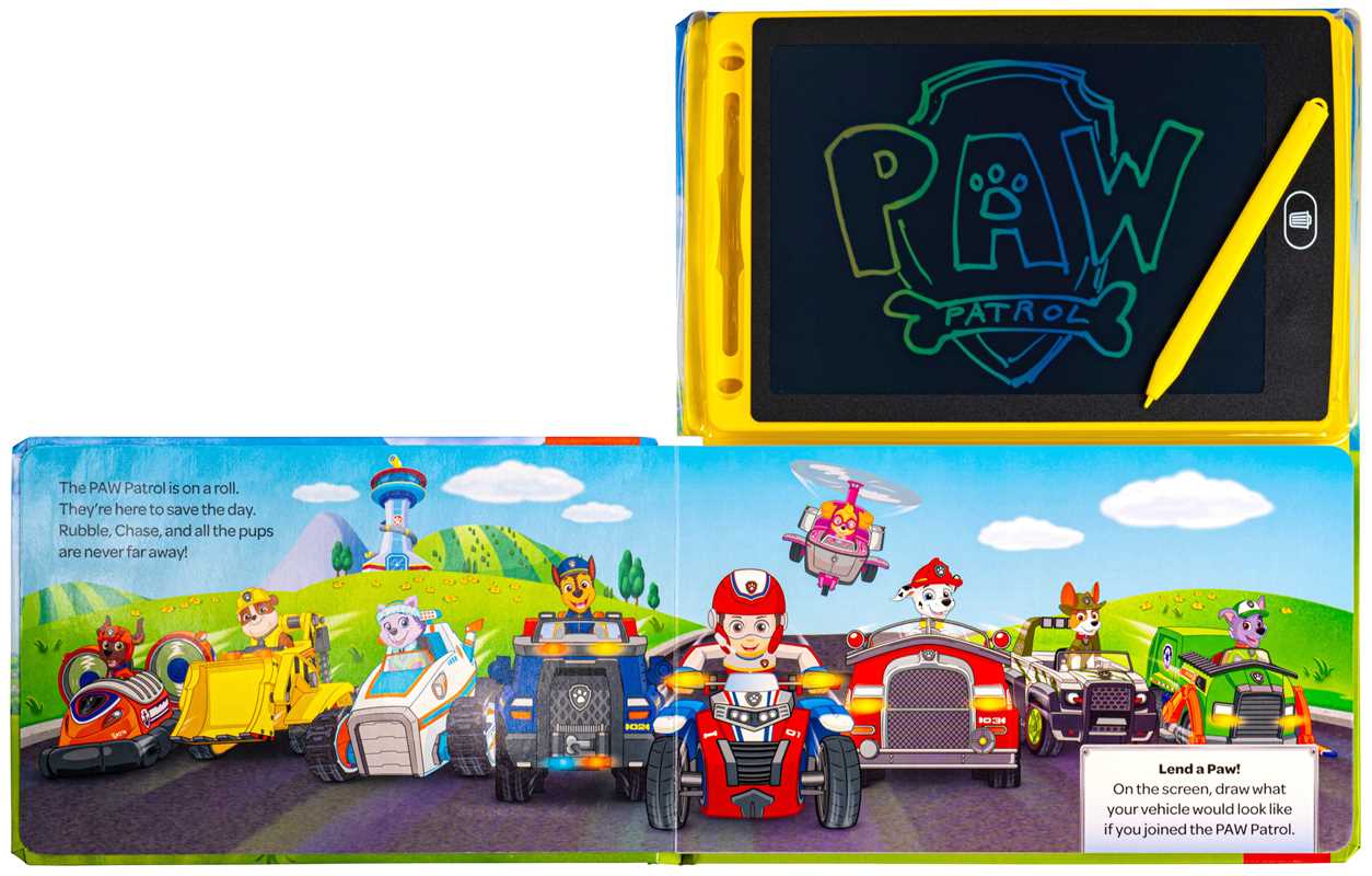 Interactive PAW-themed board book with LCD screen and stylus, 20 pages, fun rescue mission drawing.