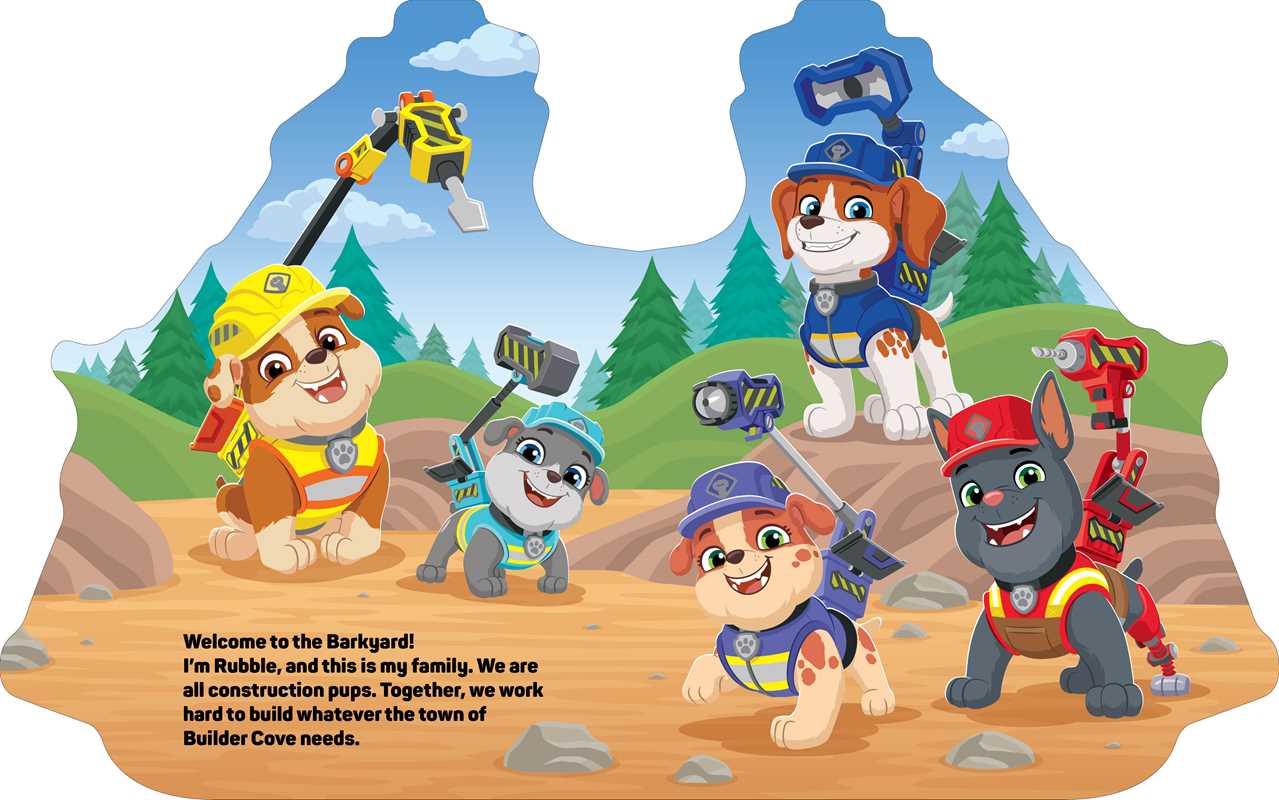 Shaped board book for kids featuring a playful construction pup and his crew, 16 pages, fun learning.