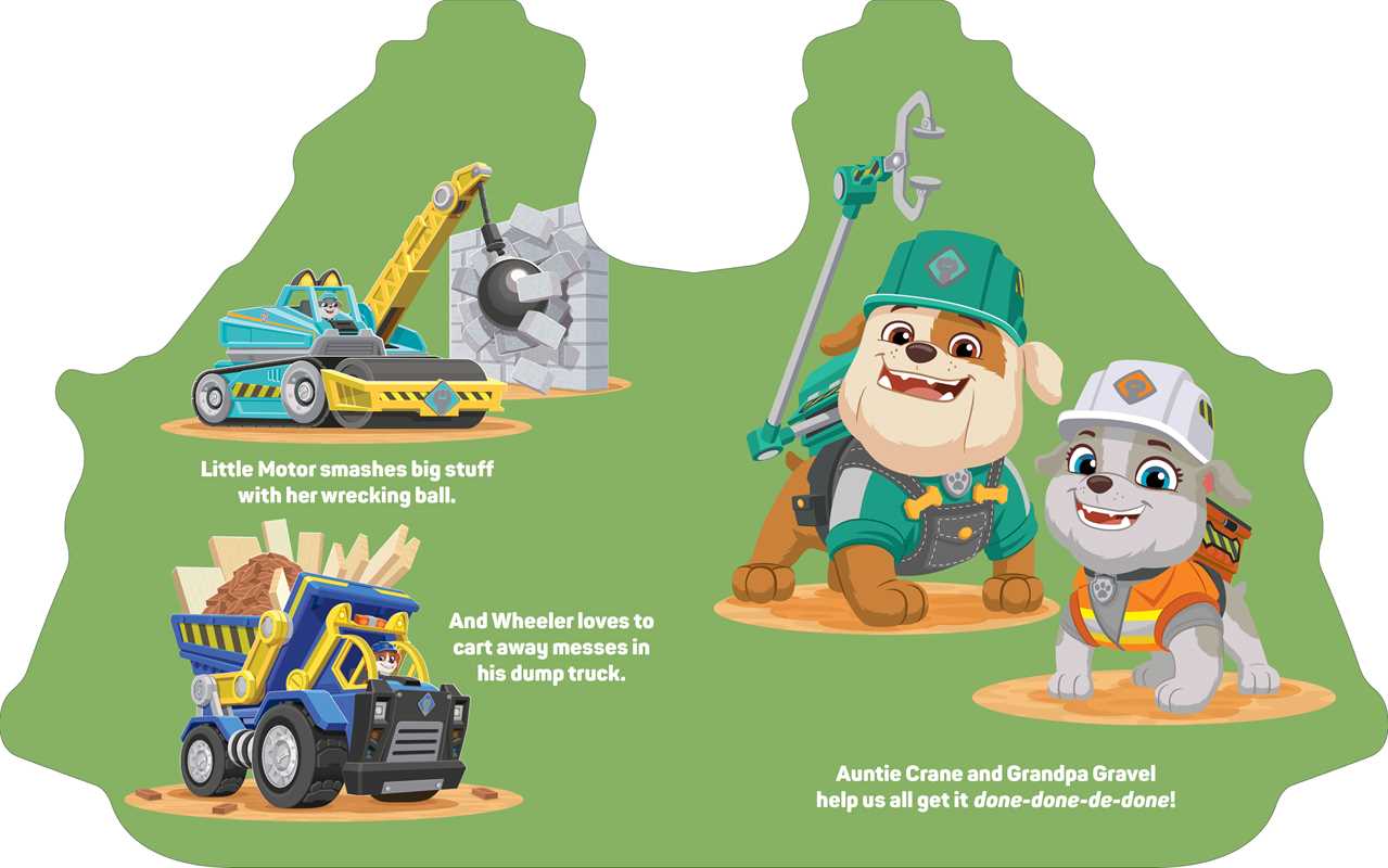 Shaped board book for kids featuring a playful construction pup and his crew, 16 pages, fun learning.