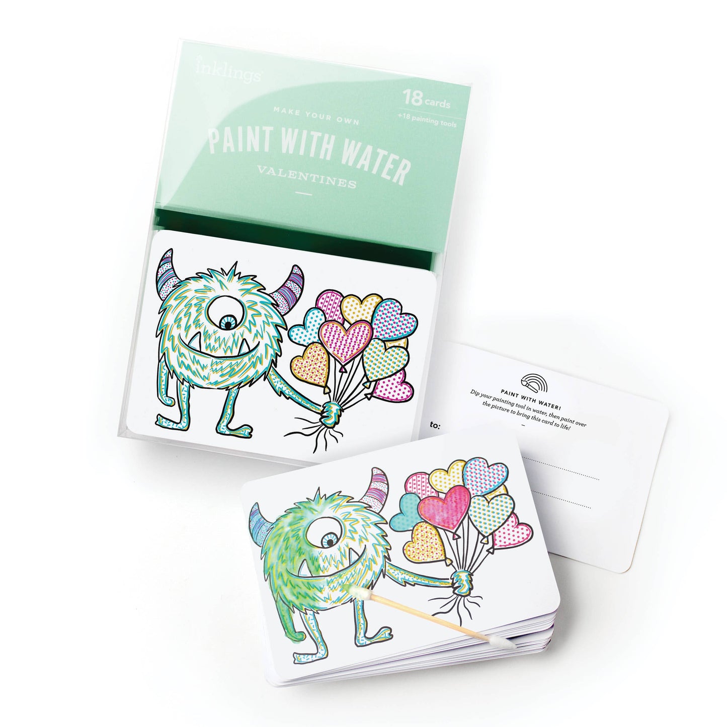 Paint With Water Valentine Cards: 18 vibrant, interactive cards with painting tools for a fun and creative Valentine's gift. Featuring a friendly monster with balloons!