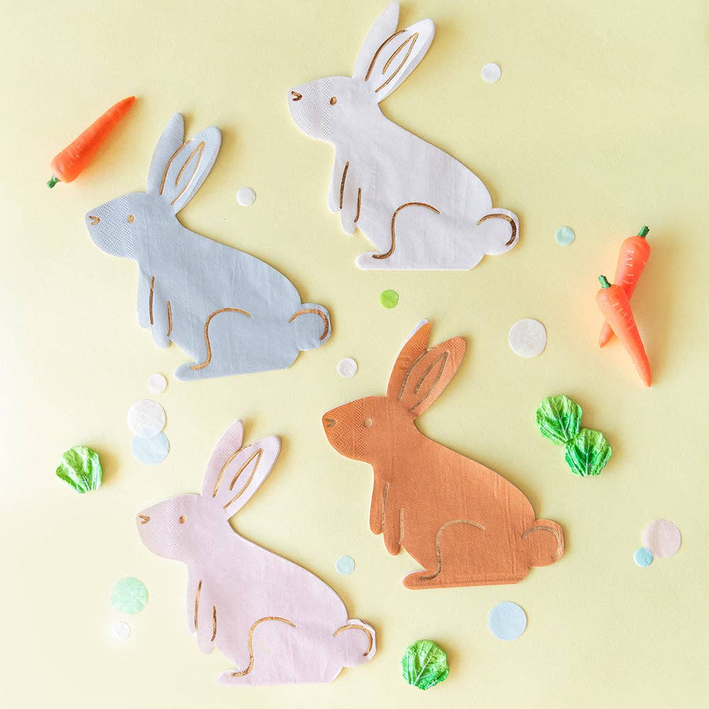 Adorable large bunny napkins in 4 colors, 7x5 inches, pack of 16; ideal for Easter table settings or springtime events, crafted by Daydream Society.