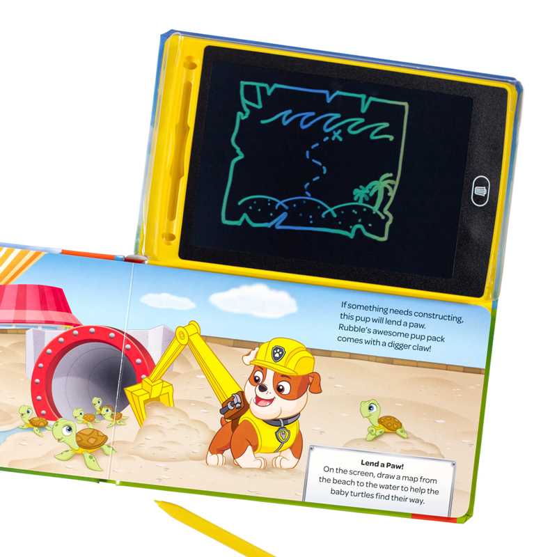 Interactive PAW-themed board book with LCD screen and stylus, 20 pages, fun rescue mission drawing.