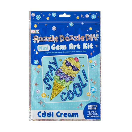 OOLY Razzle Dazzle DIY Mini Gem Art Kit featuring a cool cream ice cream cone design, includes gems, tray, and wax pencil, suitable for ages 8 and up.