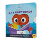 E.T.'s First Words board book for early learners with interactive wheels for language development, featuring iconic scenes from E.T. the Extra-Terrestrial. Kids learn words like 'read,' 'candy,' and 'home' in a playful, nostalgic format.