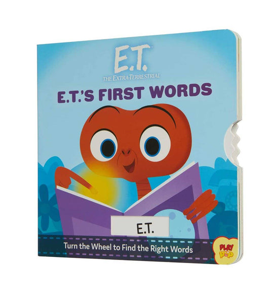 E.T.'s First Words board book for early learners with interactive wheels for language development, featuring iconic scenes from E.T. the Extra-Terrestrial. Kids learn words like 'read,' 'candy,' and 'home' in a playful, nostalgic format.