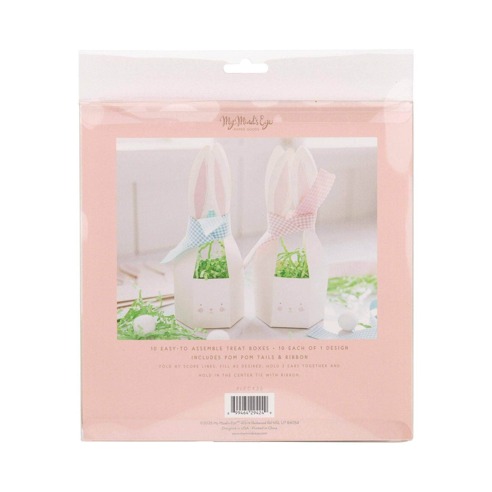 Set of 10 Bunny Treat Boxes – 8"x7", with pom poms and ribbon, perfect for Easter treats & festivities.