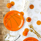 Basketball-shaped napkins, perfect for kids' parties, adding a fun touch to your event. Each package includes 24 paper napkins, measuring 5" x 5