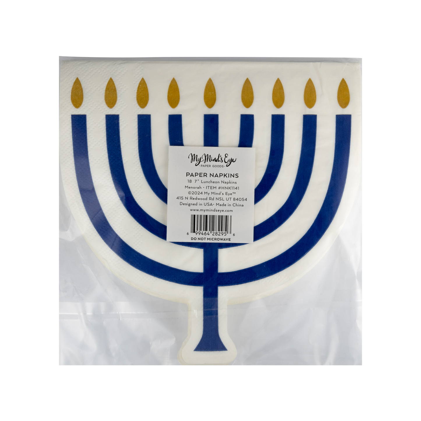 Menorah-shaped luncheon napkins with gold foil accents, perfect for adding a festive touch to Hanukkah celebrations and holiday meals.