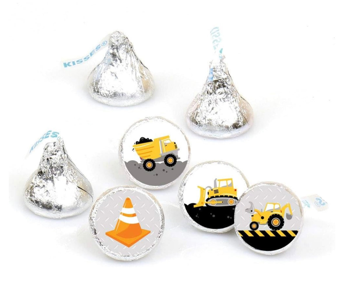 Construction-themed candy favor in plastic helmet containers with chocolate kisses and themed labels. Wrapped in cellophane with optional thank you label. Ideal for construction-themed parties and events.