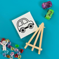 Car-themed DIY painting kits for kids, perfect for party favors. Includes canvas, wooden easel, paint set, and brush. Fun for ages 3+, encourages artistic expression. Canvas has peel-away design for extra fun. Rainbow easels available as an add-on. Great for birthdays, showers, and more.