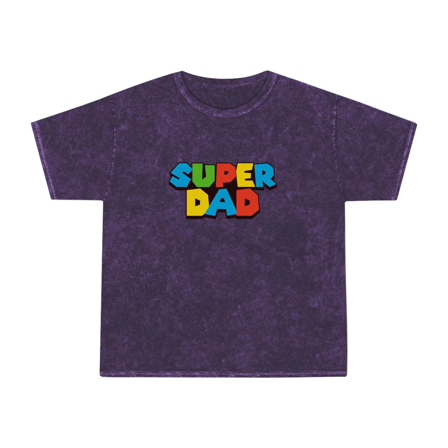 Super Mario-inspired retro 80s Father’s Day shirt for gamer dads. Soft 100% cotton with a nostalgic mineral wash effect, featuring a classic crewneck and 'SUPER DAD' graphic in colorful block letters. Available in black, gray, navy, and purple, men’s sizes small to 2XL. Perfect geeky dad gift for birthdays or Father’s Day.