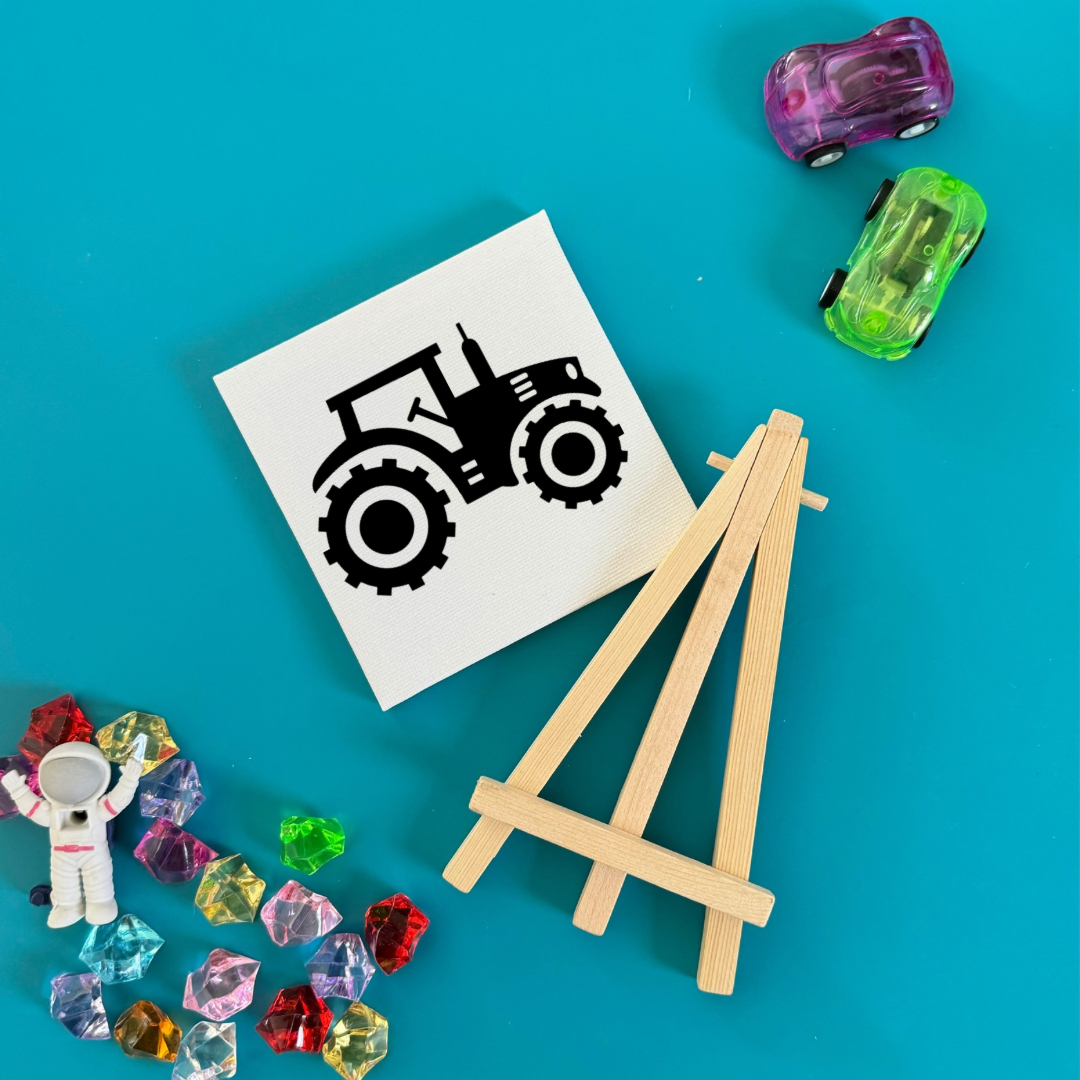 Construction-themed DIY paint kits for kids, perfect for party favors at birthdays, baby showers, and more. Each kit includes a canvas with a peel-away themed design, wooden easel, paint set, and paintbrush. Ideal for kids ages 3+, encouraging artistic expression. Rainbow easels available as an add-on. Fun indoor activity for toddlers and preschoolers