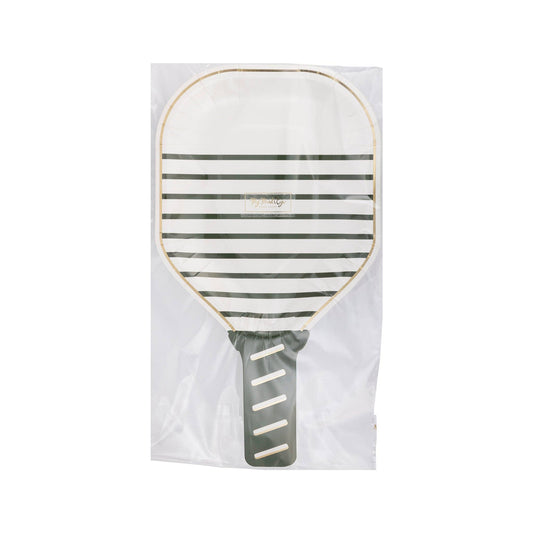 Stylish white paddle-shaped plates featuring gold foil accents, ideal for serving snacks and treats at parties. Each plate measures 6" x 11" and comes in a pack of 8, making them perfect for pickleball-themed gatherings or festive events.