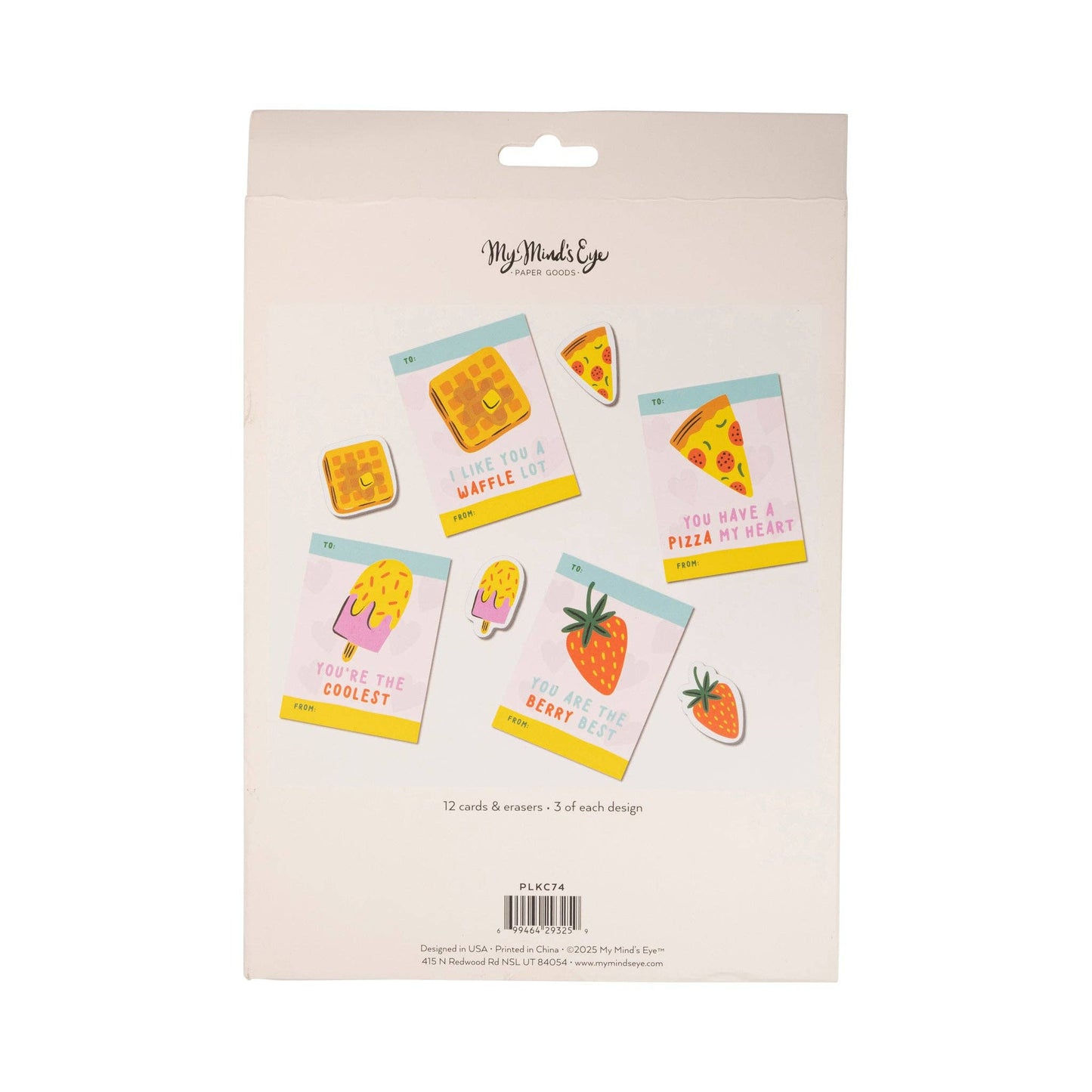 Pizza Valentine's Day cards with fun designs, 12 cards and 12 erasers, perfect for kids to share with friends.