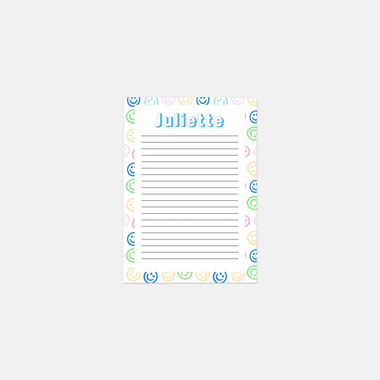 Colorful Smiley personalized stationery set with 10 flat notecards and matching envelopes, perfect for all occasions. Each notecard is 5" x 7" with a smooth finish.