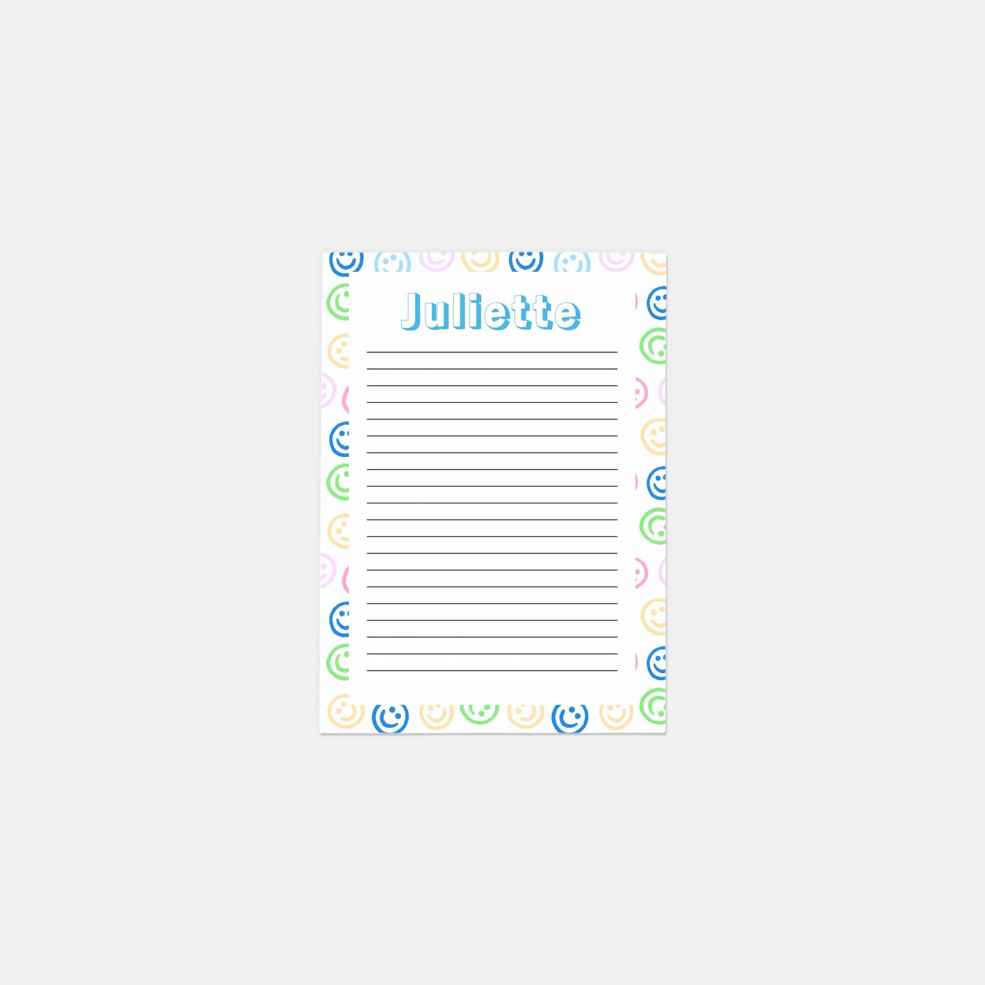 Colorful Smiley personalized stationery set with 10 flat notecards and matching envelopes, perfect for all occasions. Each notecard is 5" x 7" with a smooth finish.