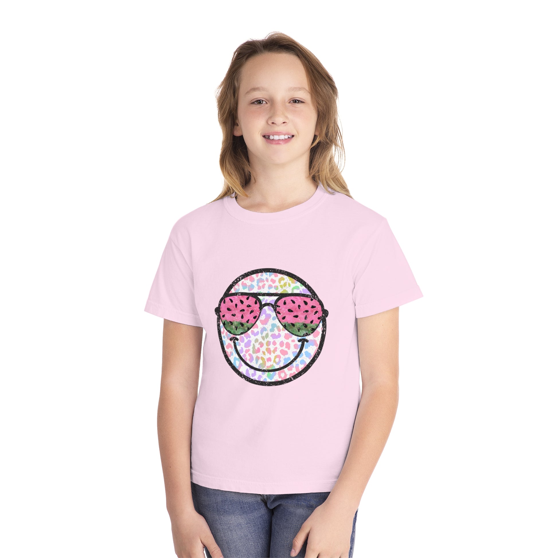 Kids’ summer t-shirt with a leopard print smiley face and watermelon sunglasses. Soft, durable cotton, available in youth sizes XS-XL. Perfect for summer activities.