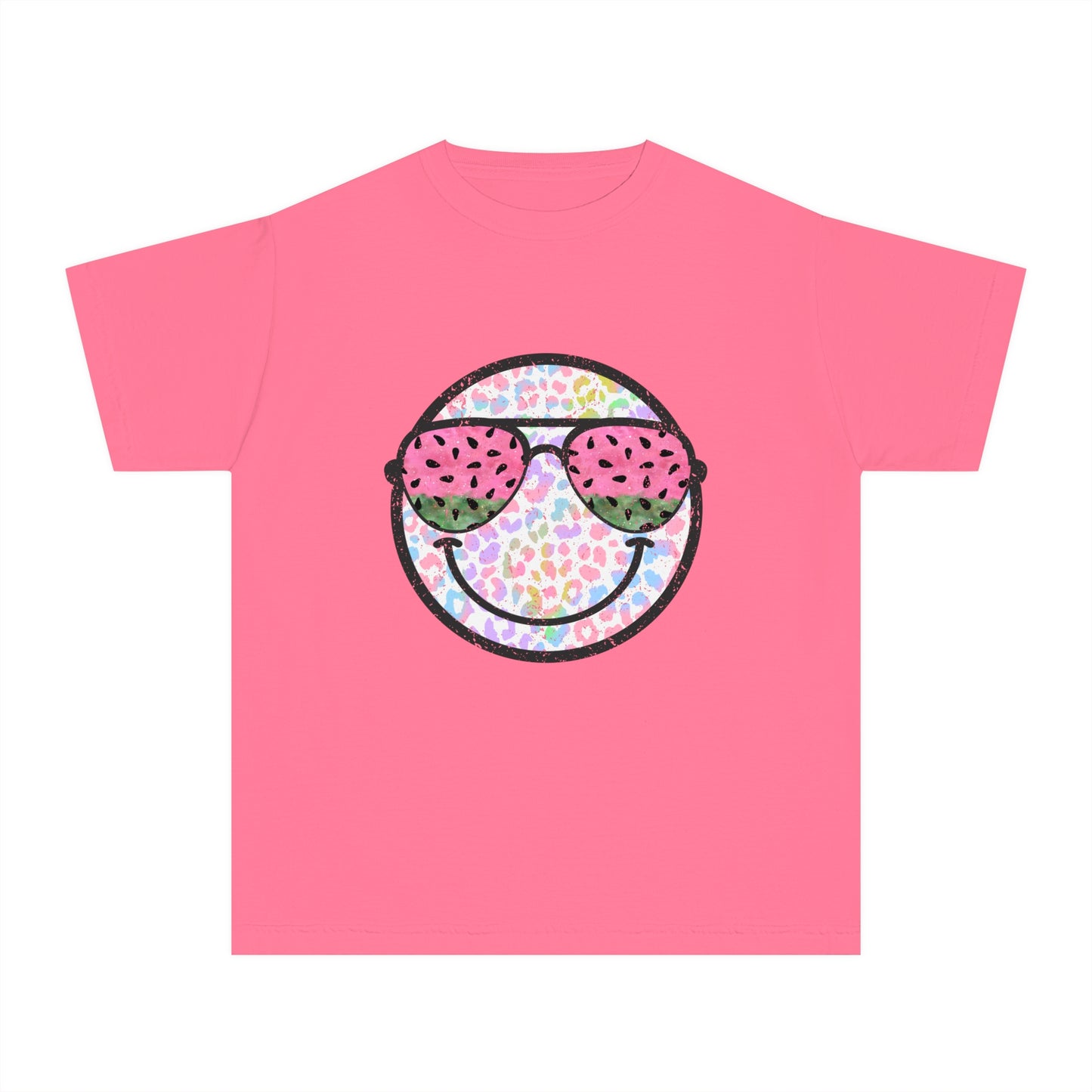 Kids’ summer t-shirt with a leopard print smiley face and watermelon sunglasses. Soft, durable cotton, available in youth sizes XS-XL. Perfect for summer activities.