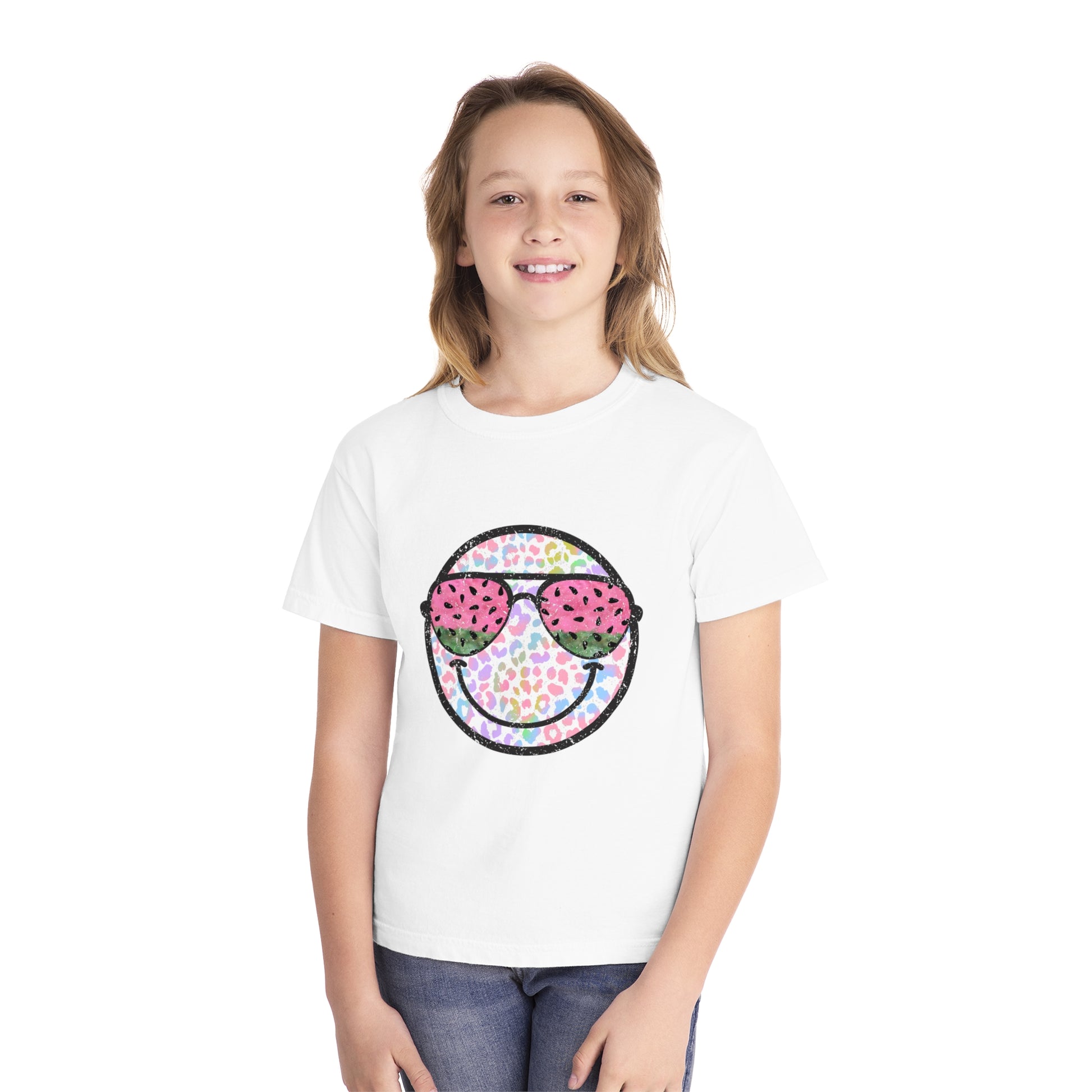 Kids’ summer t-shirt with a leopard print smiley face and watermelon sunglasses. Soft, durable cotton, available in youth sizes XS-XL. Perfect for summer activities.