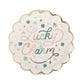 Set of 8 Lucky Charm Plates – 10"x10", scalloped with gold foil, perfect for St. Patrick's Day celebrations.