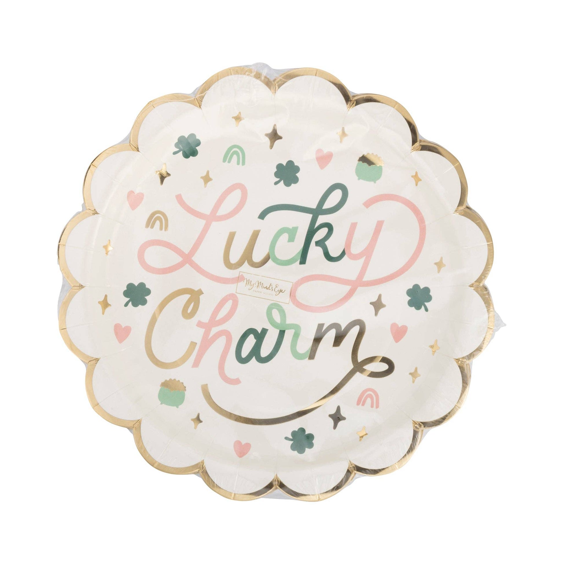 Set of 8 Lucky Charm Plates – 10"x10", scalloped with gold foil, perfect for St. Patrick's Day celebrations.