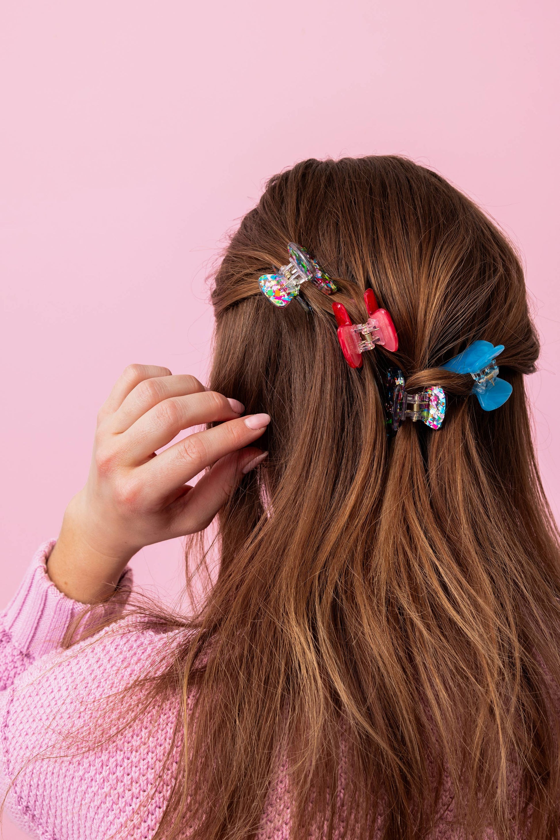 Colorful Mini Claw Clips set of 4 with confetti designs, pink & blue clips, perfect for everyday wear & gifts.