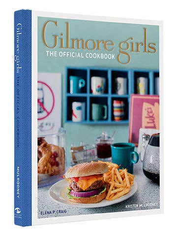 Gilmore Girls: The Official Cookbook featuring over 50 recipes from Stars Hollow, including Sookie’s Risotto, Mrs. Kim’s Flaxseed Muffins, Luke’s Cheeseburger, and coffee tips from Lorelei and Rory, with clever cooking and hosting advice from beloved characters.