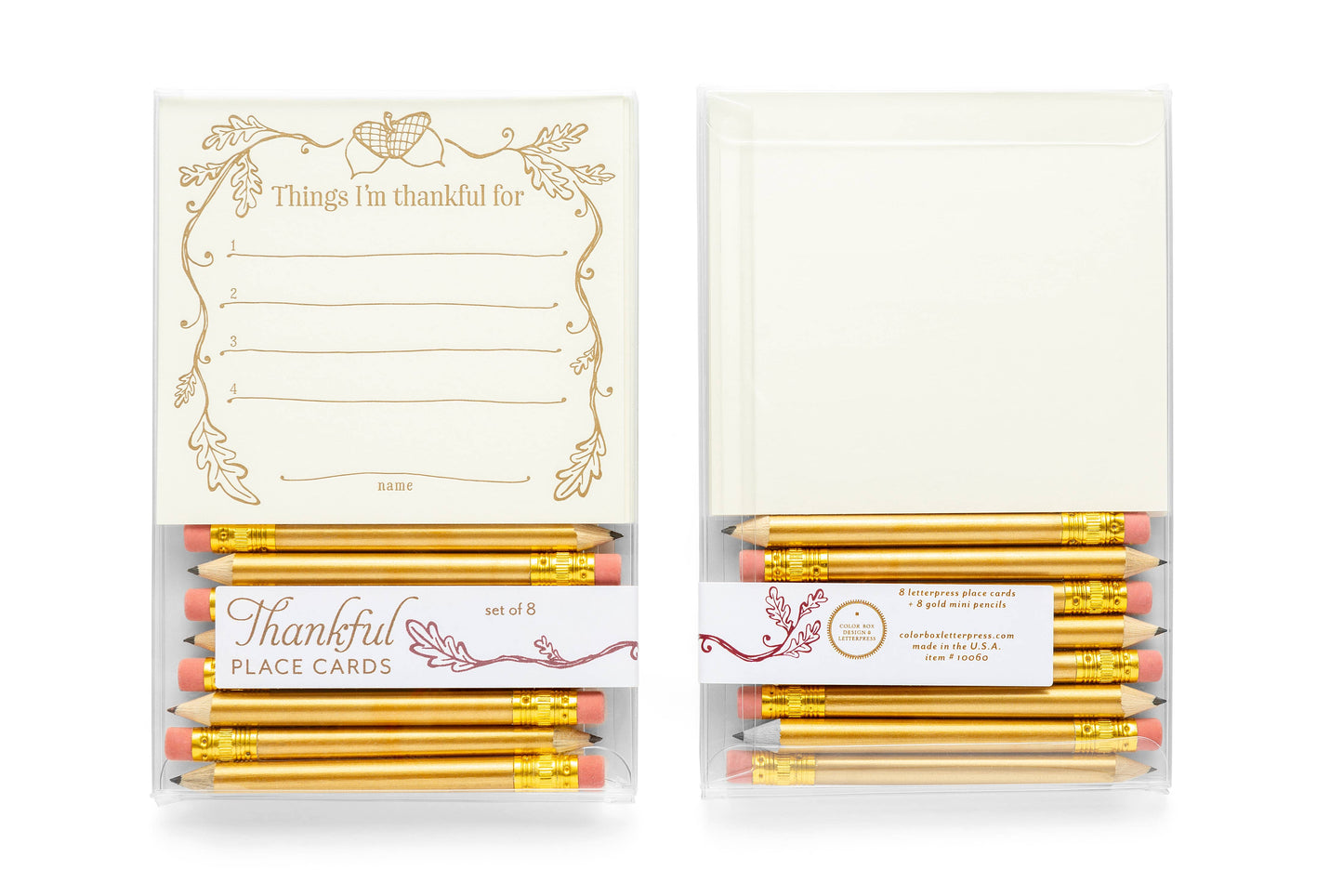 "Interactive dinner party place cards with mini gold pencils, designed to spark conversations and create memories during holidays. Set of 8 letterpress printed 4"x3.75" flat cards, perfect for seating arrangements and table settings. Packaged in a clear box.