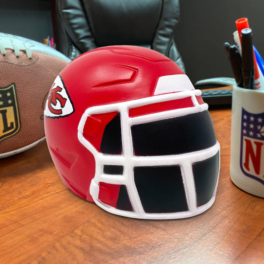 Super soft 4" slow-rising jumbo foam NFL helmet squeezies, sold in a 9-unit display, perfect for stress relief and fans.