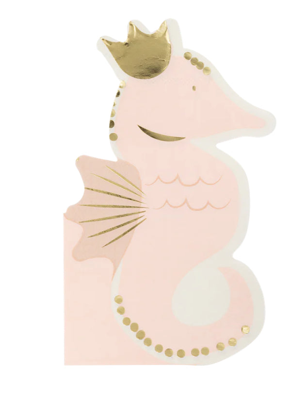 Seahorse-shaped paper napkins with gold foil accents, perfect for adding underwater charm to any under-the-sea themed celebration. Includes 18 napkins, each measuring 4.25 x 7.75 inches