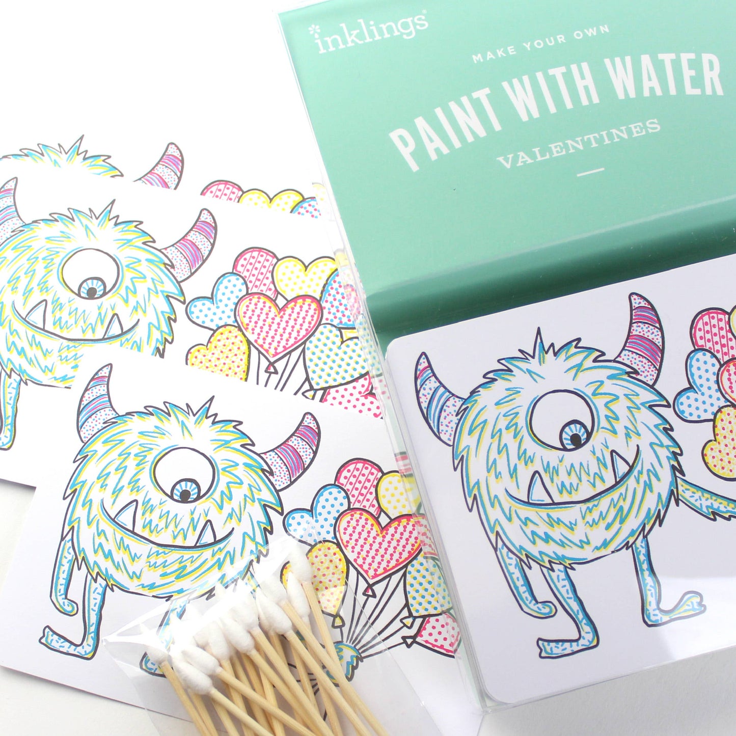 Paint With Water Valentine Cards: 18 vibrant, interactive cards with painting tools for a fun and creative Valentine's gift. Featuring a friendly monster with balloons!