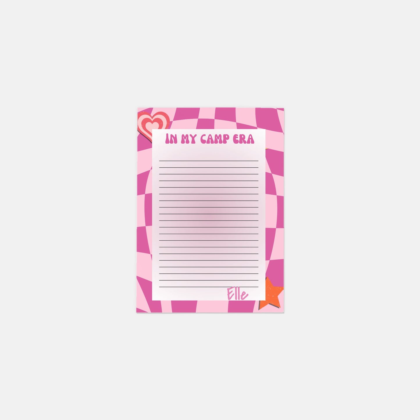 Personalized camp stationery set with 10 custom notecards and envelopes for kids. Perfect for sending updates or keeping memories at sleepaway camp. Features groovy design and lined notecards.