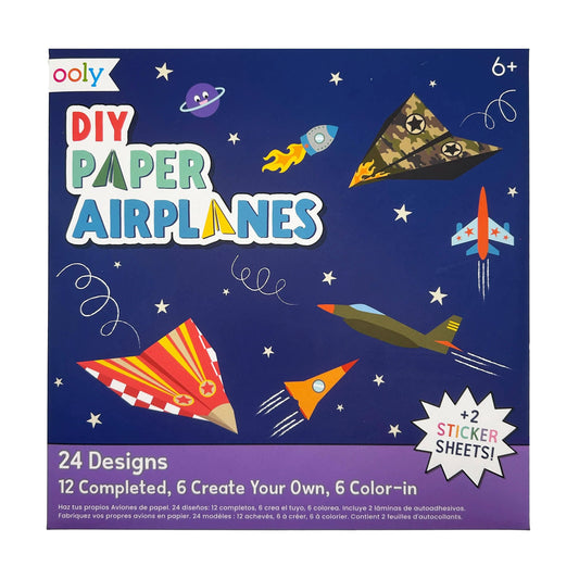 DIY Paper Airplane Kit for Kids with 24 Foldable Sheets, Including Ready-Made, Color-In, and Create-Your-Own Designs, Plus 2 Sticker Sheets for Customization, Perfect for Creative Play