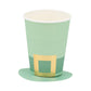 Set of 8 Leprechaun Party Cups – 12oz, 4.5" tall with gold foil and paper hat brim, perfect for St. Patrick's Day.