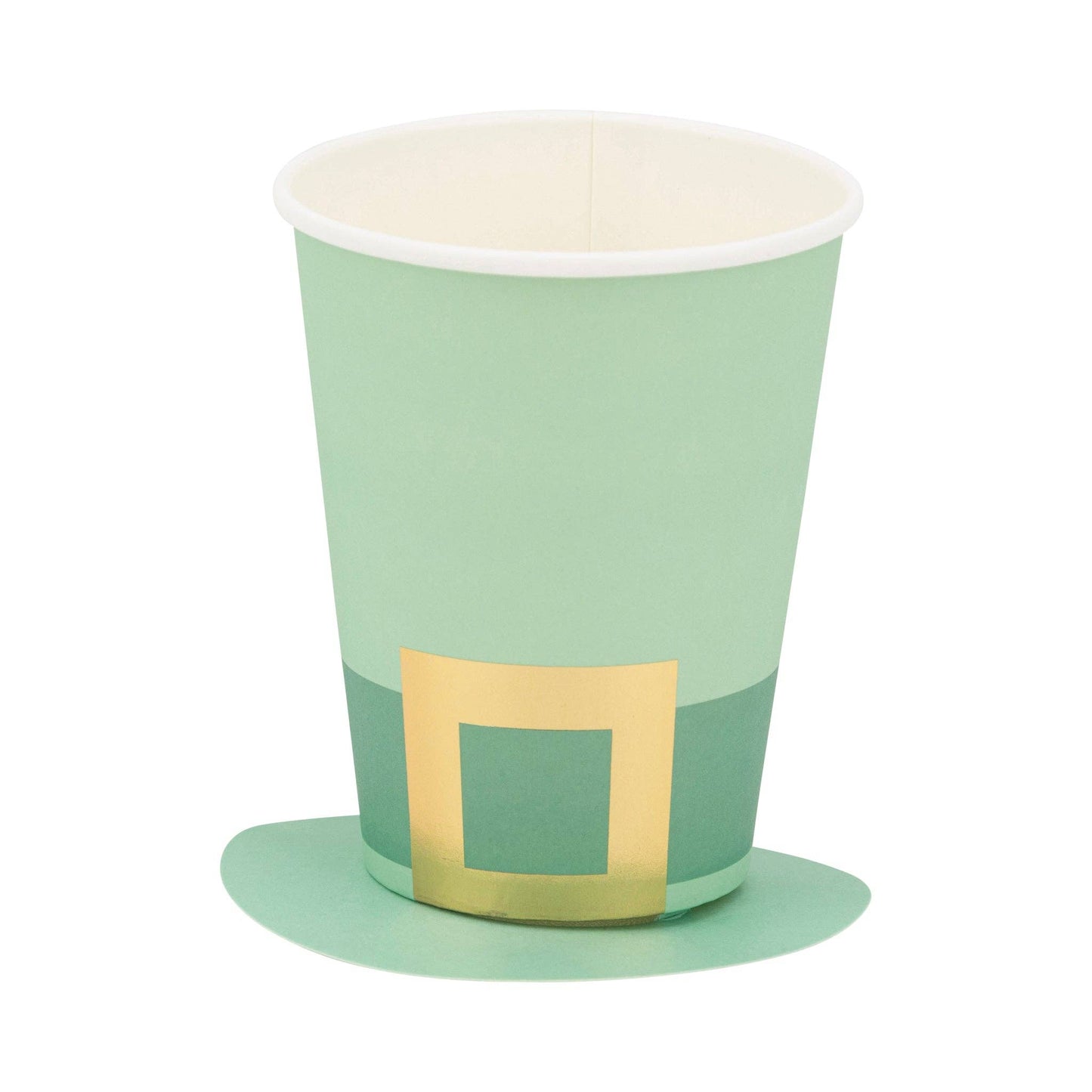 Set of 8 Leprechaun Party Cups – 12oz, 4.5" tall with gold foil and paper hat brim, perfect for St. Patrick's Day.