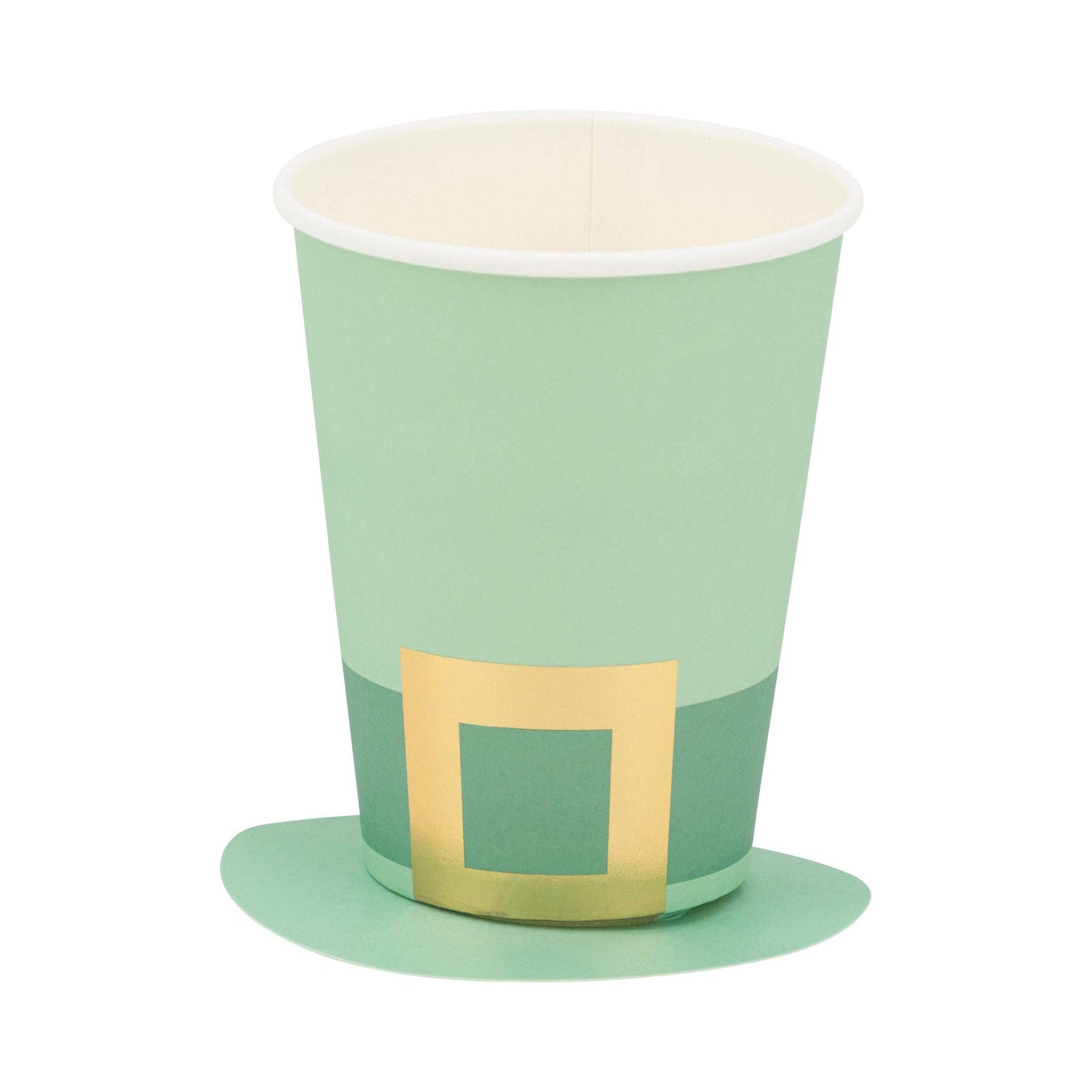 Set of 8 Leprechaun Party Cups – 12oz, 4.5" tall with gold foil and paper hat brim, perfect for St. Patrick's Day.