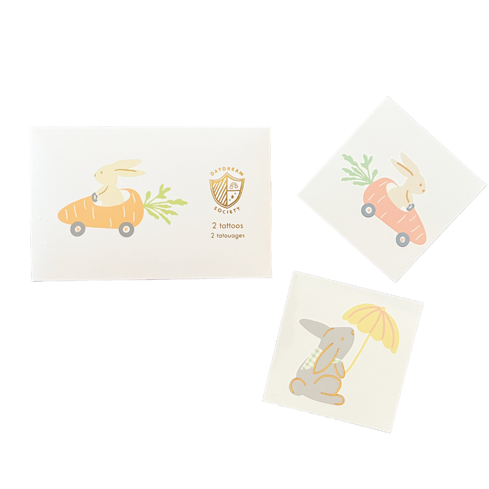 Easter bunny temporary tattoos, set of 2 designs (carrot racer & umbrella bunny), 2.5 inches, non-toxic, perfect for Easter baskets or party favors.