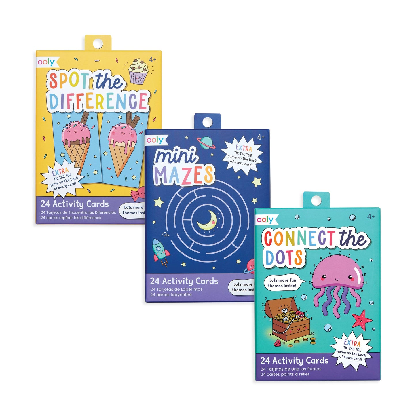 Test and Try Assortment of OOLY Mini Activity Cards - Includes 18 Units Featuring Mini Maze, Spot the Difference, and Connect the Dots, Each with Double-Sided Designs and Tic-Tac-Toe on the Back