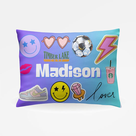 Personalized sleepaway camp pillowcase, fits standard 20"x30" pillows, silky smooth microfiber, perfect bunk decor. Customize with name, camp details, and favorite icons. Available in various fonts and colors. Ideal for adding a personal touch to camp beds.