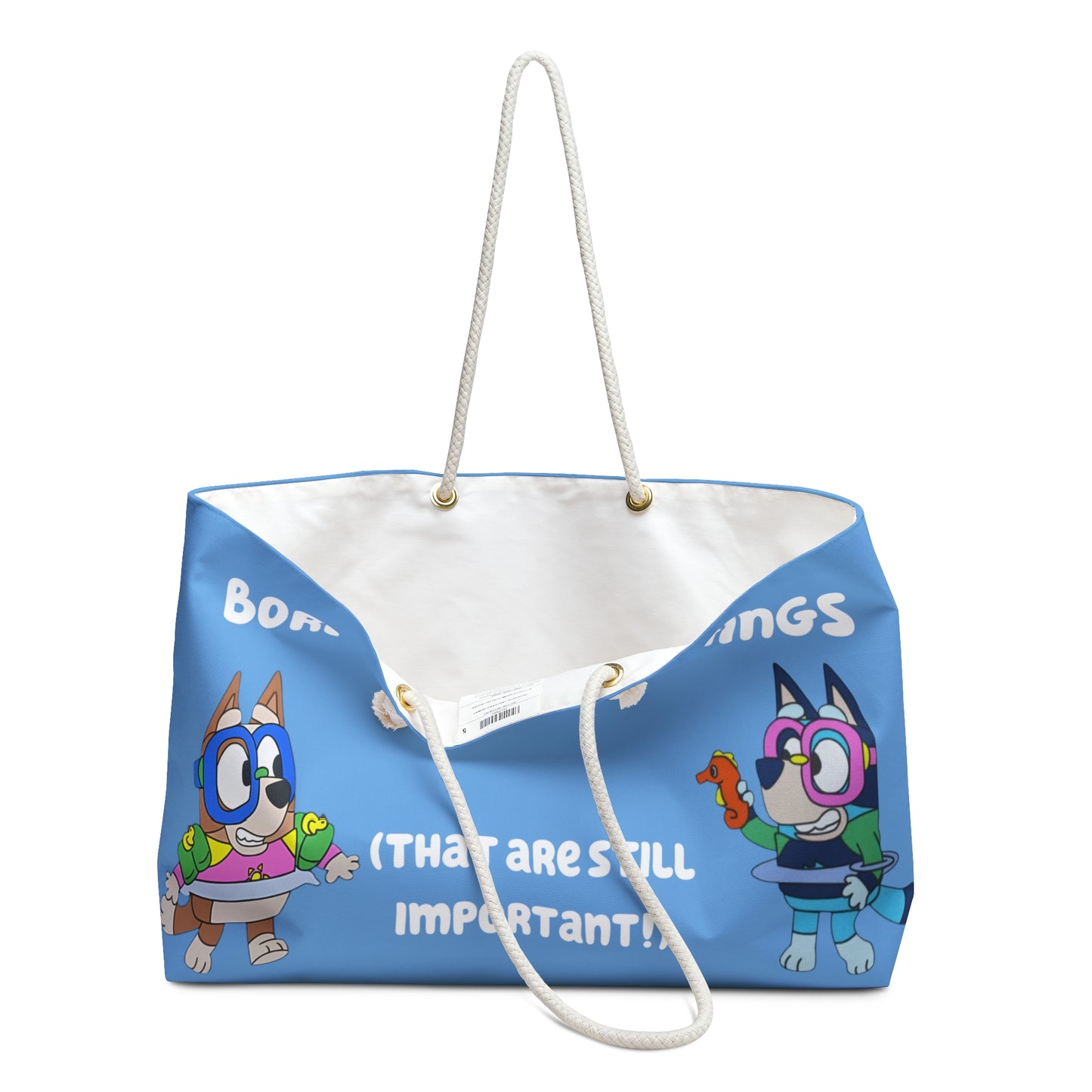 Blue tote bag featuring cartoon dogs discussing pool safety essentials, with text 'Boring Pool Things (That Are Still Important!)', designed with a playful and educational theme.