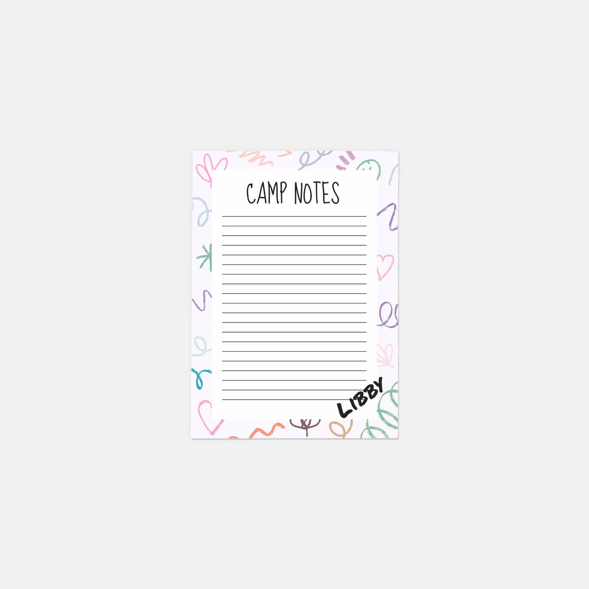 Retro Camp Notes personalized stationery set featuring 10 flat notecards and envelopes, perfect for letters and notes. A7 size (5" x 7") printed on smooth heavyweight paper.