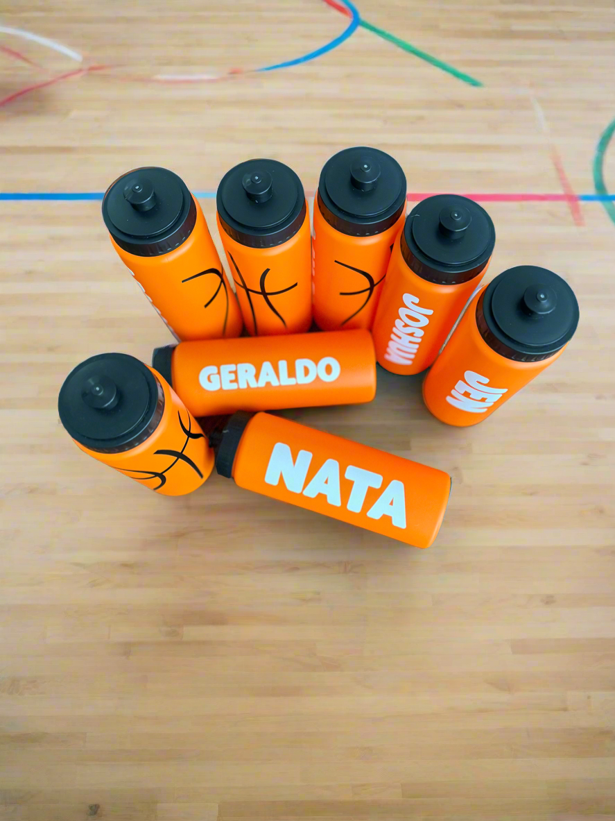 Custom sports water bottles for basketball, personalized with names. Features durable HDPE material, leak-proof pull-top cap, 20 oz capacity, and slim design. Ideal for sports events, school, and gifts. Available in custom colors and fonts.