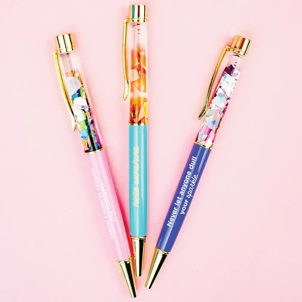 A festive pile of colorful pens with vibrant confetti on top, adding a playful touch to your desk.