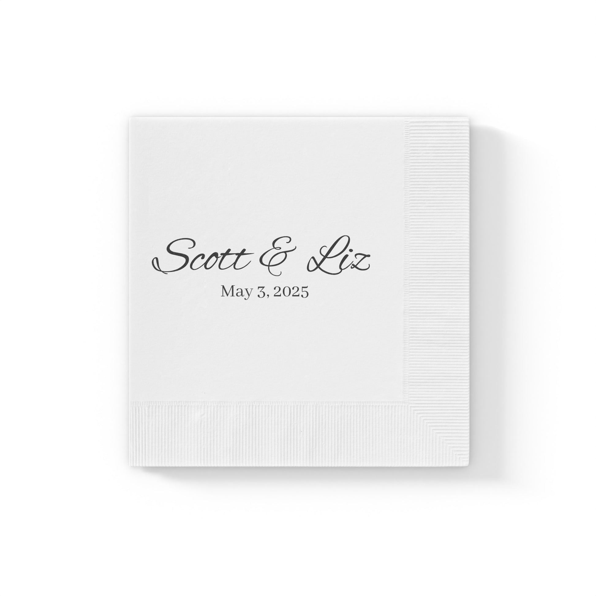 Set of personalized three-ply white napkins available in luncheon (6.5" x 6.5") and beverage (4.8" x 4.8") sizes. Perfect for weddings, birthday parties, and special events, these custom napkins can be personalized with names and event dates, making them a unique gift for brides and grooms. Elevate your celebrations with these stylish and functional napkins, ideal for toasting life, love, and friendship!