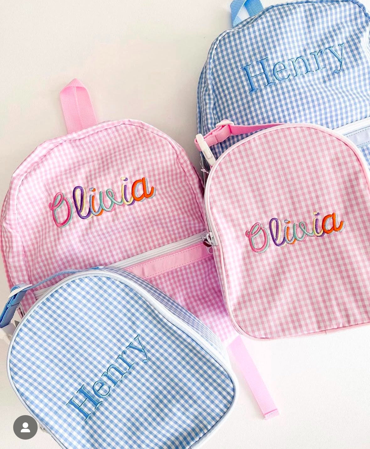 Explorer baby blue gingham small backpack, personalized for toddlers & fashionistas. Fits iPad, makeup, credit cards. Washable.