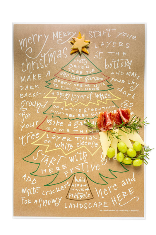 Charcuterie Cheat Sheet guide to create perfect boards with cheeses, meats, fruits, nuts, and accompaniments. Food-safe laminated, 12”x18” size, reusable, with color-coded shopping list on back. Ideal for parties and gatherings, packaged in cello sleeve.