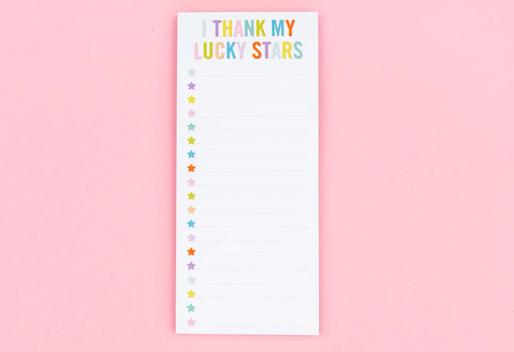 Lucky Stars List Pad, 3.5" x 8", featuring 50 lined sheets and a magnet on the back for easy placement. Perfect for busy individuals who want to prioritize gratitude each day. Comes in shrink-wrap packaging, ideal for daily reflection and note-taking