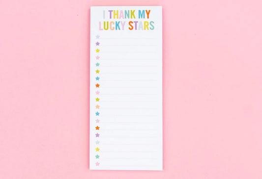 Lucky Stars List Pad, 3.5" x 8", featuring 50 lined sheets and a magnet on the back for easy placement. Perfect for busy individuals who want to prioritize gratitude each day. Comes in shrink-wrap packaging, ideal for daily reflection and note-taking