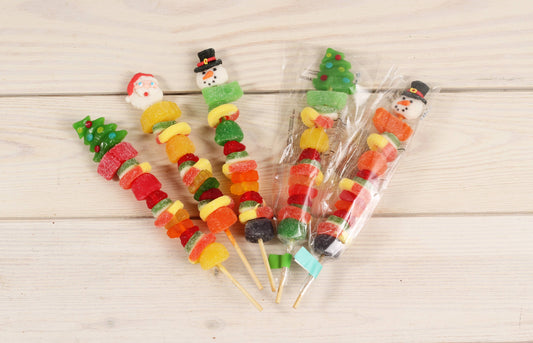 Colorful Christmas-Themed Gummy Kabobs in Clear Cello Packaging, 2.9 oz and 10 inches, Featuring a Variety of Sweet Gummy Characters