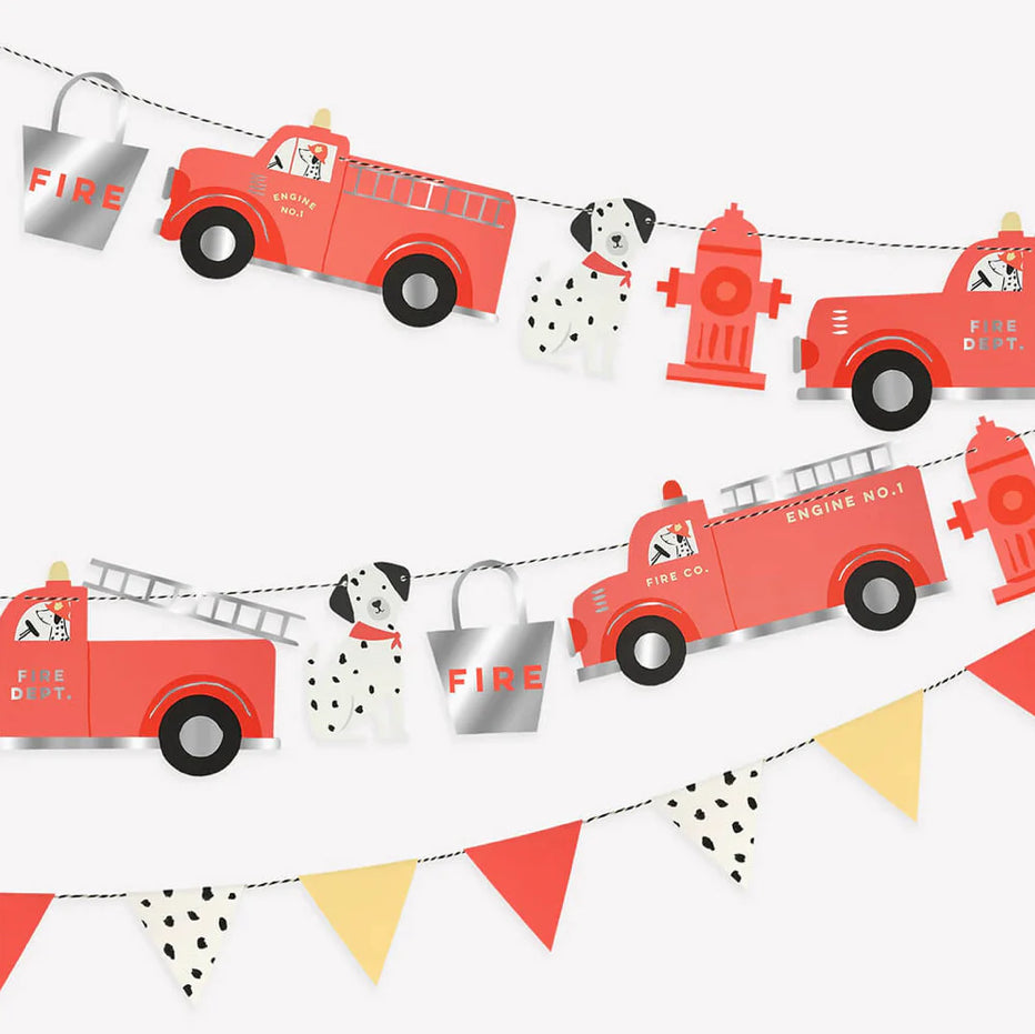 Bright red fire truck garland designed for kids' parties, featuring charming details and eco-friendly materials. Ideal for creating a fun atmosphere at fire-themed celebrations.